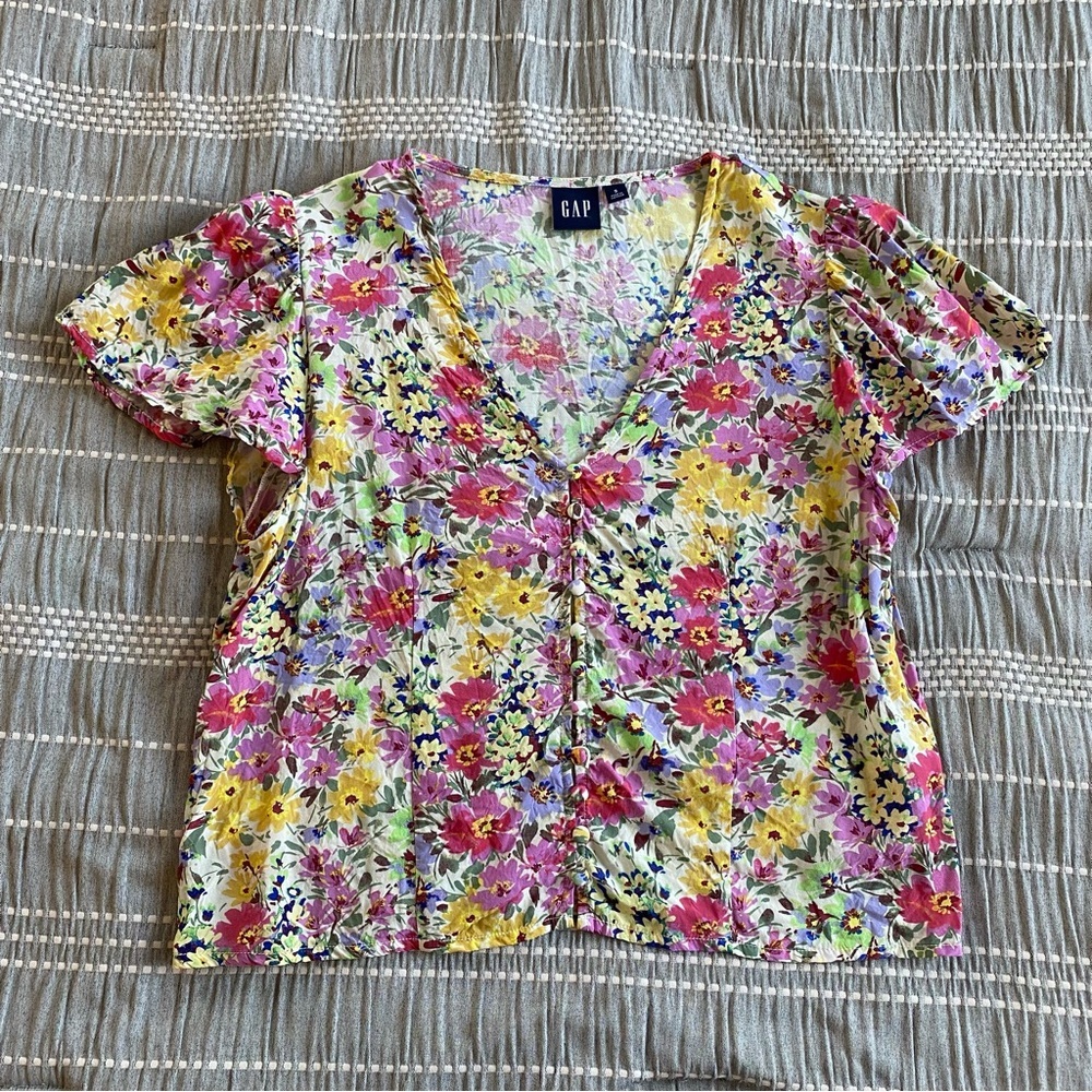 Gap Crepe Flutter-Sleeve Top Spring Multi Floral V Neck Short Sleeve Small Crop - Picture 5 of 13